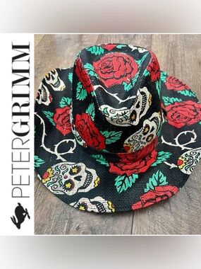 Peter Grimm Rough Love Cowboy Hat with Red Rose & Sugar Skull Print One Size